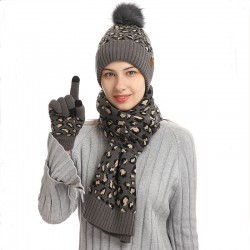 European And American Autumn And Winter Knitted Hat Suit Amazon New Female Leopard Warm Wool Hat Scarf Gloves Three-piece Set