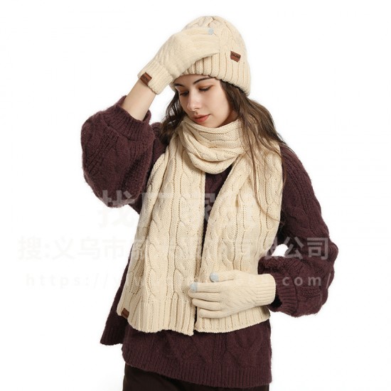 Cross-border Hat Men's And Women's Autumn And Winter Coarse Wool Twist Fleece-lined Knitted Hat Gloves Scarf Warm Suit Wholesale