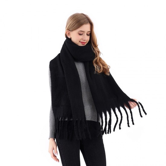 New European and American autumn and winter warm solid-color faux cashmere scarf for women, thickened soft mohair tassel scarf shawl