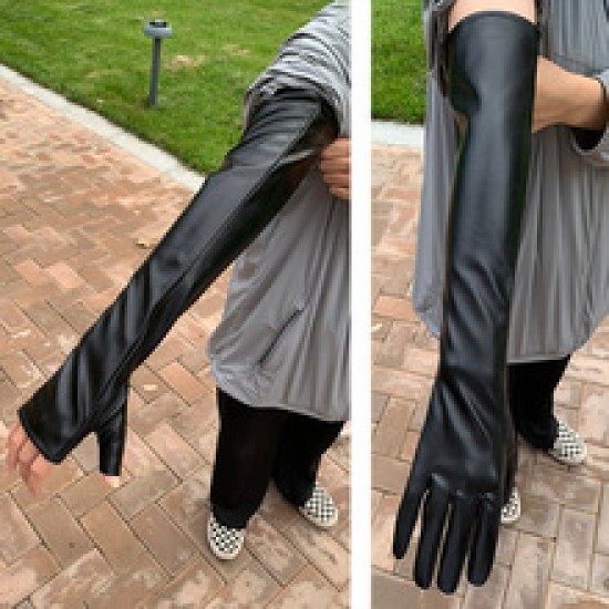 50CM touch screen leather super-long gloves, extended dancing leather jacket elbow guard, black sexy nightclub lady fur gloves 50CM touch screen leather super-long gloves, extended dancing leather jacket elbow guard, black sexy nightclub lady fur gloves
