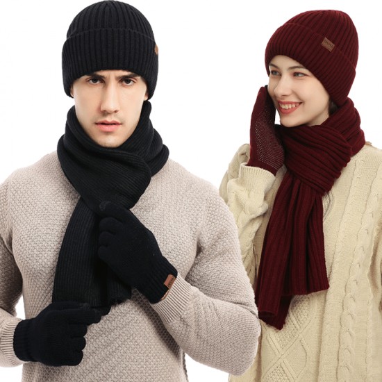 Factory Autumn And Winter New European And American Knitted Hat Suit Amazon Men's And Women's Winter Solid Color Scarf Hat Three-piece Set