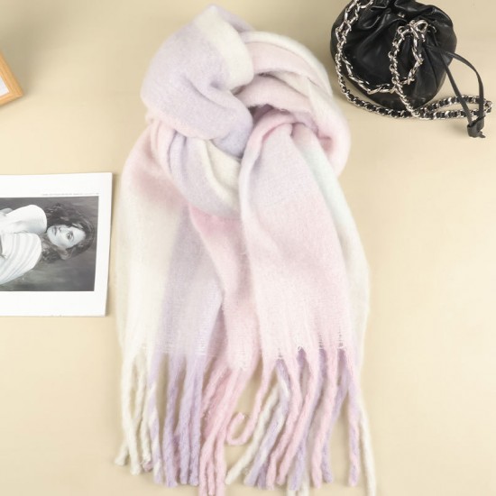 2024 New Fairy Pink gradient Korean style fringed mohair scarf, women's winter warm scarf, imitation cashmere scarf