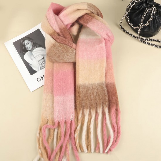 2024 New Fairy Pink gradient Korean style fringed mohair scarf, women's winter warm scarf, imitation cashmere scarf
