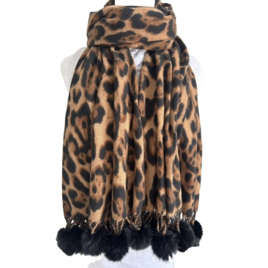New leopard print scarf, classic female bristle shawl, autumn and winter hairball tassel, versatile warm scarf manufacturer cross-border