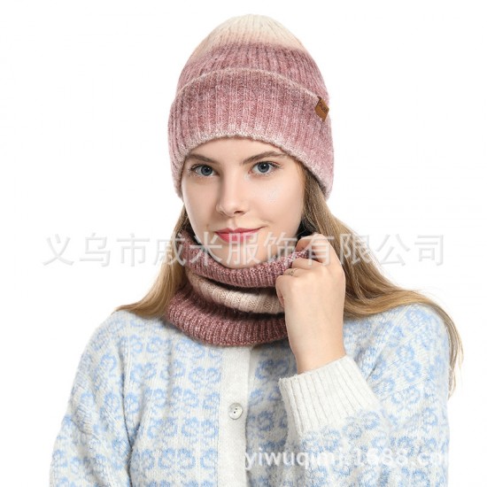 Amazon Autumn And Winter Cross-border European And American Women's Scarf Hat Two-piece Set Gradient Wind Warm Knitted Wool Hat