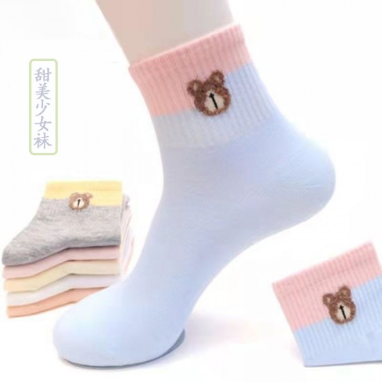 Autumn and winter candy-colored cute women's socks, Japanese style bear solid color mid-calf socks, all-season patchwork color ins trendy and versatile socks