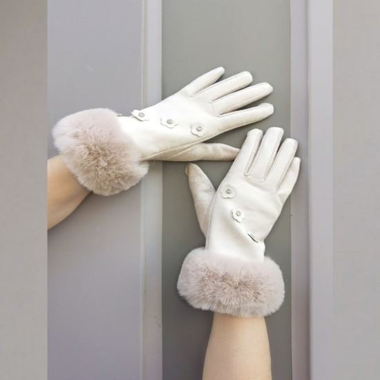 Small Chanel-style diamond-encrusted flower gloves for women in winter, thickened PU fleece five-finger touch screen woolen gloves for cold and wind protection