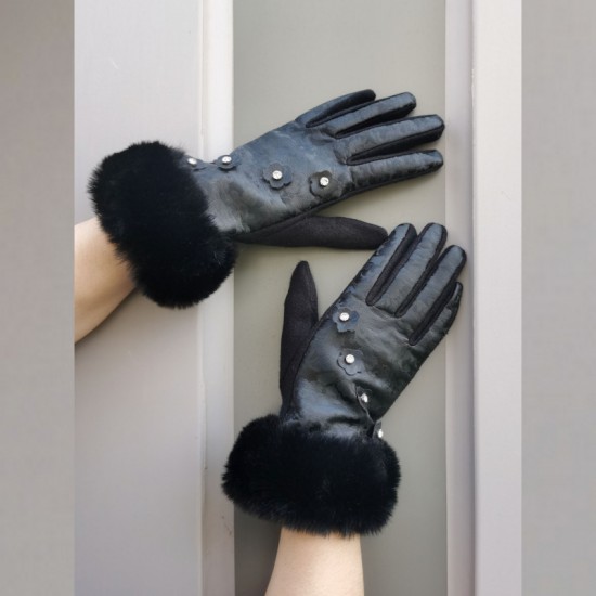 Small Chanel-style diamond-encrusted flower gloves for women in winter, thickened PU fleece five-finger touch screen woolen gloves for cold and wind protection