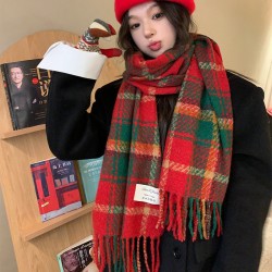 Wholesale New Year atmosphere Chinese red tassel women's autumn and winter new style knitted warm Korean version Christmas checkered scarves
