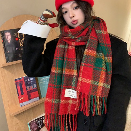 Wholesale New Year atmosphere Chinese red tassel women's autumn and winter new style knitted warm Korean version Christmas checkered scarves