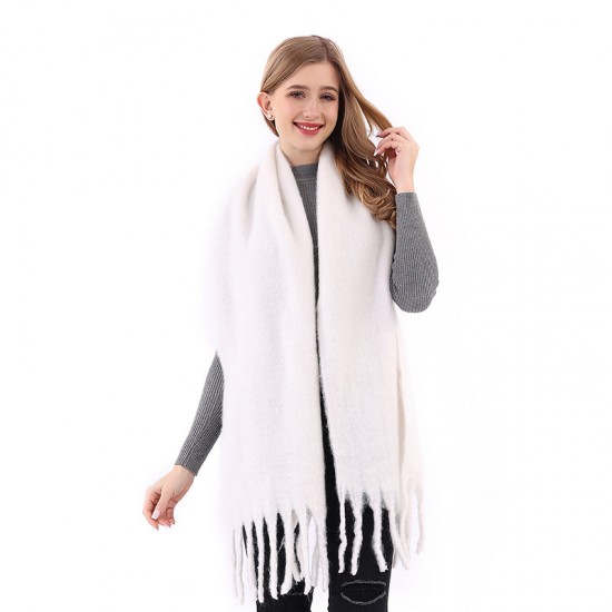 New European and American autumn and winter warm solid-color faux cashmere scarf for women, thickened soft mohair tassel scarf shawl