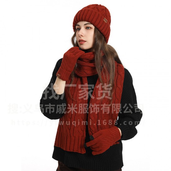 Cross-border Hat Men's And Women's Autumn And Winter Coarse Wool Twist Fleece-lined Knitted Hat Gloves Scarf Warm Suit Wholesale