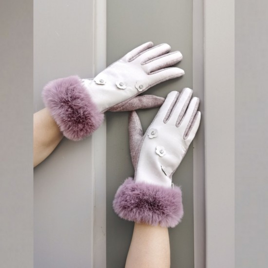 Small Chanel-style diamond-encrusted flower gloves for women in winter, thickened PU fleece five-finger touch screen woolen gloves for cold and wind protection
