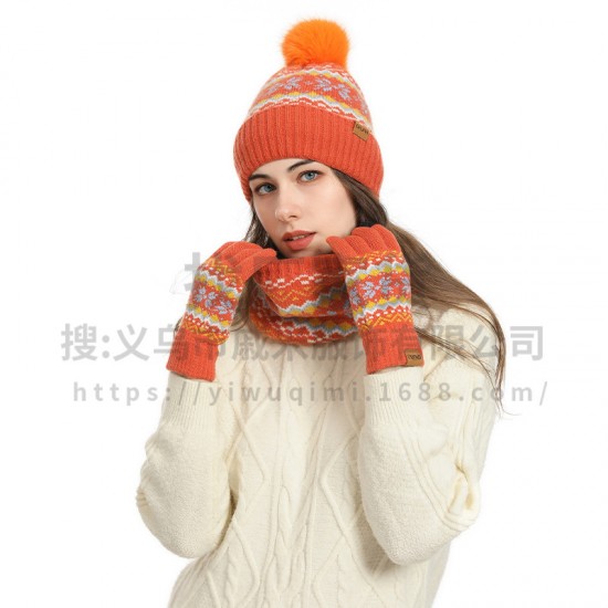Cross-border Europe And The United States Amazon Winter New Thick Warm Ladies Snowflake Hat Gloves Scarf Three-piece Set Manufacturers