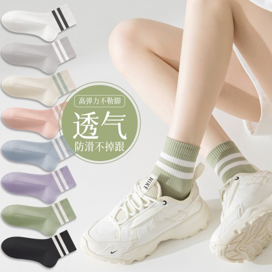 Cross-border women's solid color two-bar sweat-absorbing and breathable autumn and winter warm mid-leg socks, versatile and trendy candy-colored socks