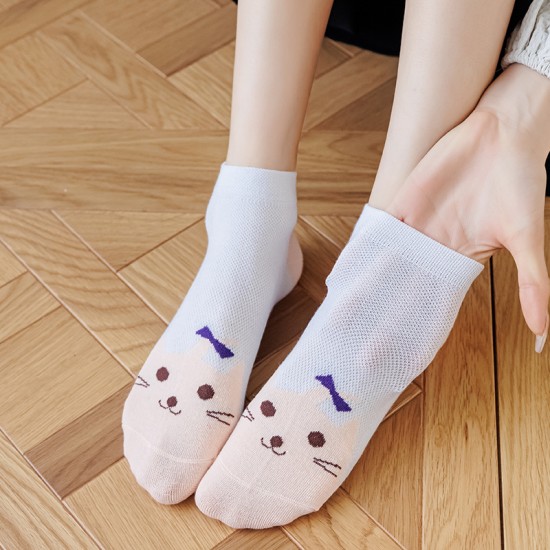 Cross-border thin women's Korean version cotton mesh short socks, cat face shallow mouth low top cute ins trendy sports boat socks