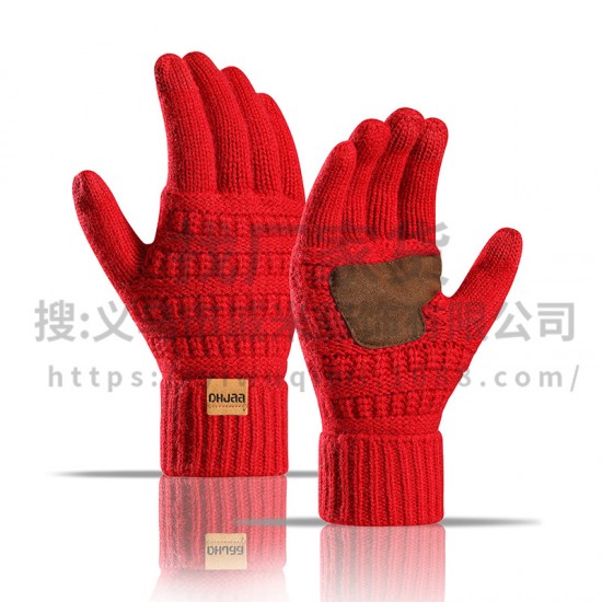 2025 Amazon New Winter Outdoor Riding Plus Warm Ladies Knitted Gloves Palm Plus Leather Non-slip Gloves