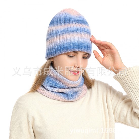 Amazon Autumn And Winter Cross-border European And American Women's Scarf Hat Two-piece Set Gradient Wind Warm Knitted Wool Hat