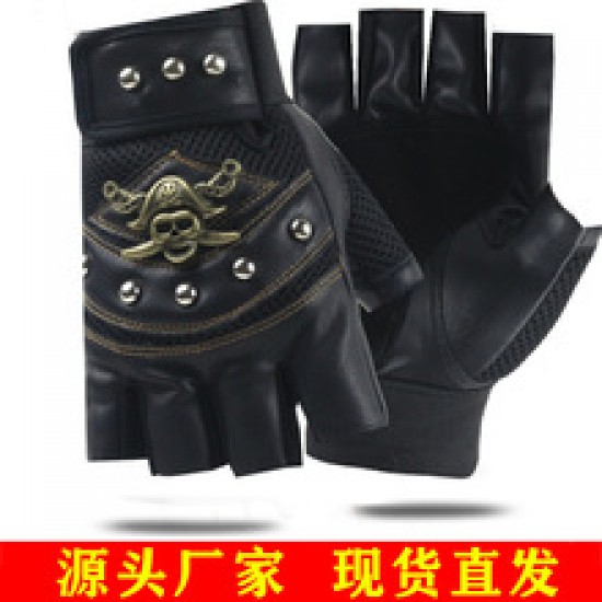 One Piece leather half-finger glove skull design Outdoor men's Battle royale tactics cycling imitation leather glove Pirate wholesale