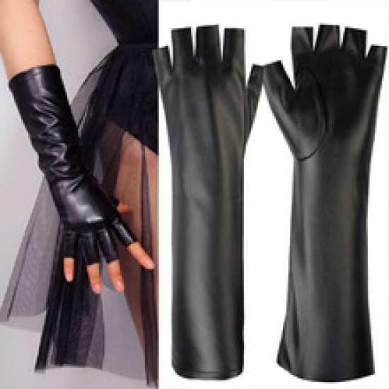 Extended leather gloves for women, half-finger thin, fleece, windproof, warm and stylish outdoor fur gloves