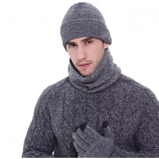 Cross-border Winter Amazon European And American Wool Scarf Thickened Warm Knitted Hat Scarf Gloves Three-piece Set
